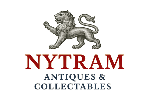 Nytram Antiques & Collectables logo with silver lion passant hallmark with bright red and blue text and one tail