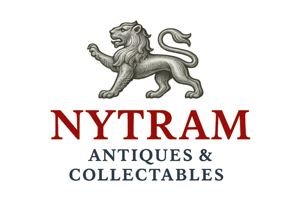 Nytram Antiques & Collectables logo with silver lion passant hallmark with bright red and blue text and one tail